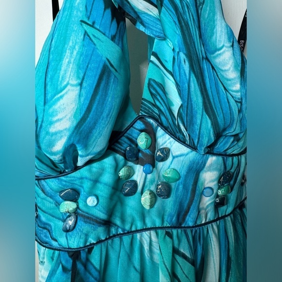 Bisou Bisou Butterfly Wing Turquoise Blue Halter Fairycore Maxi Dress Size 6 - Picture 4 of 14